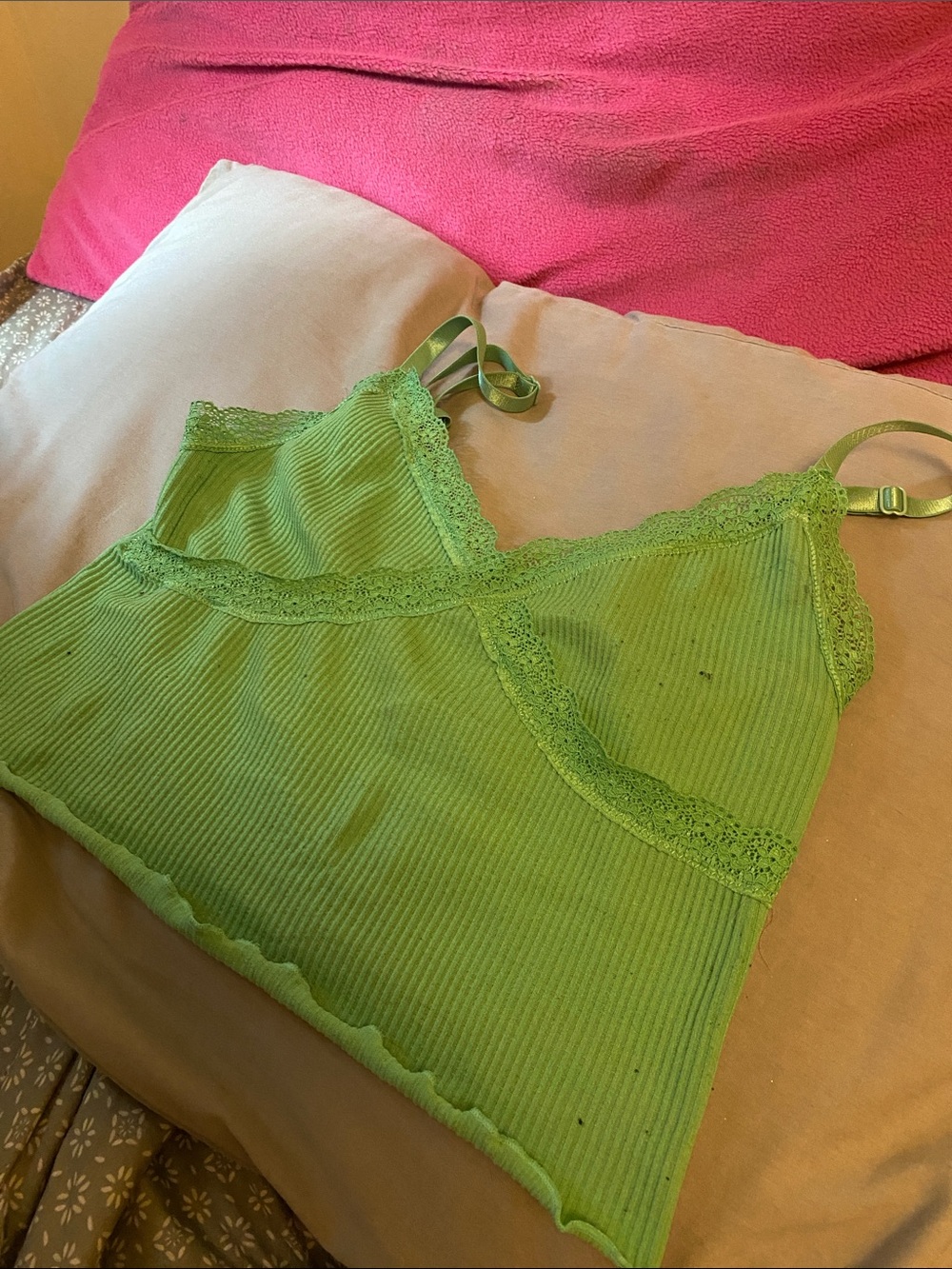 Ardene Lime Green Ribbed Lace-Trim Crop Cami